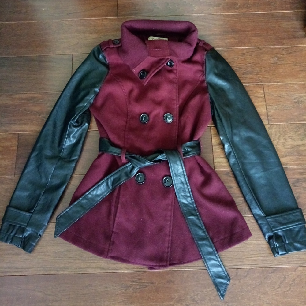 Maroon and black coat with Faux Leather